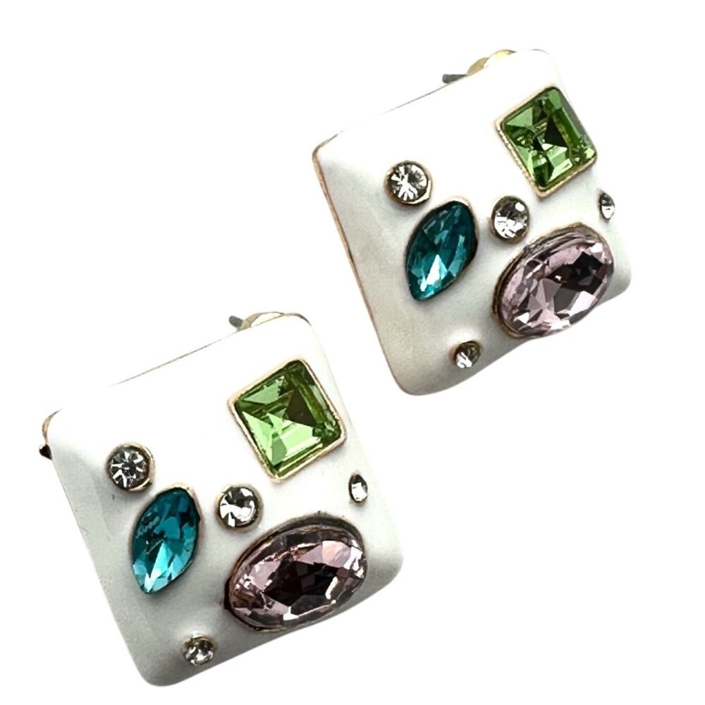 Womens Earrings Blue Pink Green Rhinestone White Enamel Earrings Pierced
